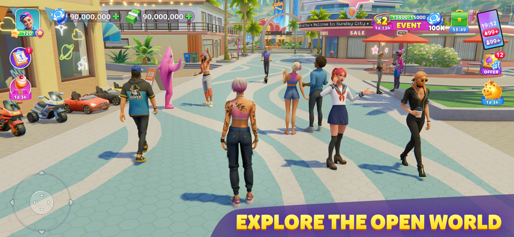 Diverse characters walking through a colorful sunny plaza with shops and palm trees in Sunday City Life Simulator