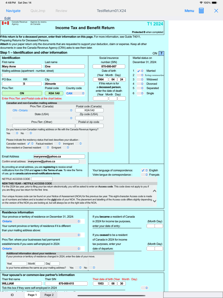 TaxFreeway 24 - A screenshot of the TaxFreeway 24 app on iPad showing the Canadian T1 Income Tax and Benefit Return form.