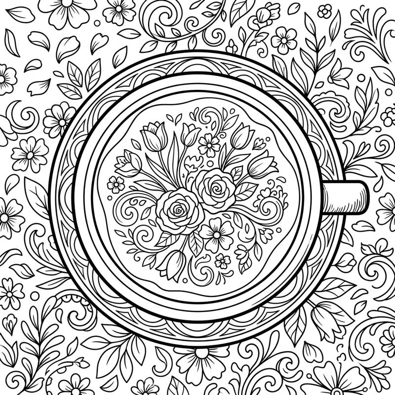 Savor the joy of spring with this enchanting latte art coloring page, brimming with delicate floral designs and intricate patterns. It's the perfect way to welcome warmer days with a creative, mindful activity.