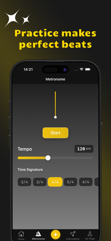 Metronome feature screen in the Dark app showing tempo and time signature settings