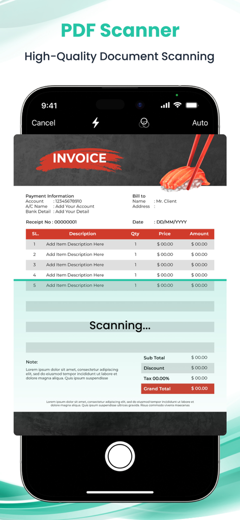 Screenshot of the OKEN app interface scanning an invoice to create a high quality PDF document