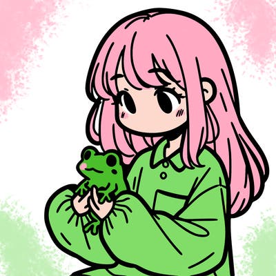 girl with long hair and a oversized shirt. and she is holding a frog