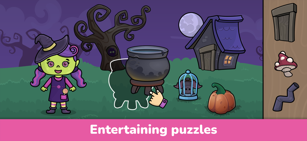 Halloween themed drag and drop puzzle game for toddlers featuring a cute witch and cauldron