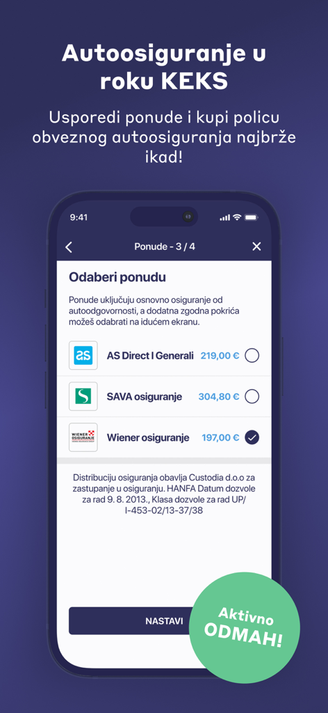 KEKS Pay - Una interfaz de aplicación móvil que muestra varias ofertas y precios de seguros de automóviles para una selección y compra rápidas.