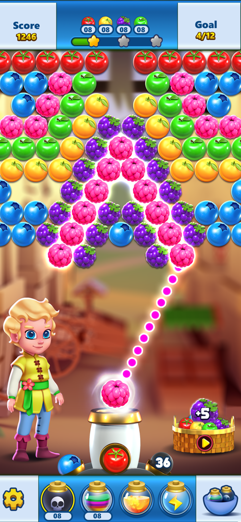 A gameplay screen of Bubble Shooter Princess Pop featuring colorful fruit bubbles and a cartoon character