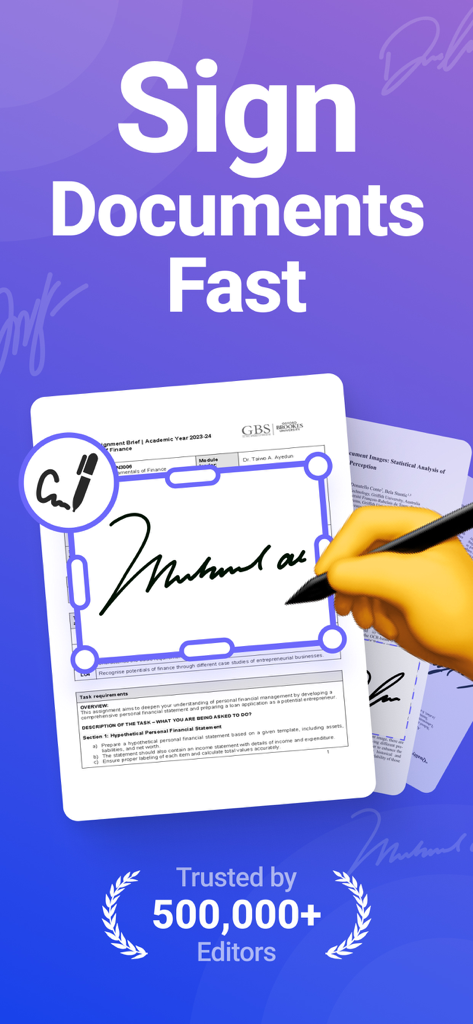 Mobile app interface for signing PDF documents with a digital handwritten signature
