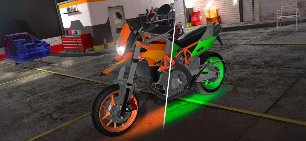 Una vista de pantalla dividida que muestra opciones de personalización en naranja y verde para una motocicleta en un garaje