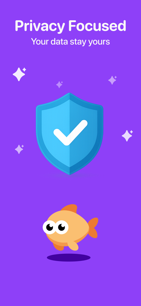 Finny: AI Money Tracker - Datenschutzorientierter Bildschirm von Finny KI-Geldverfolgung mit Schildsymbol und Fischmaskottchen