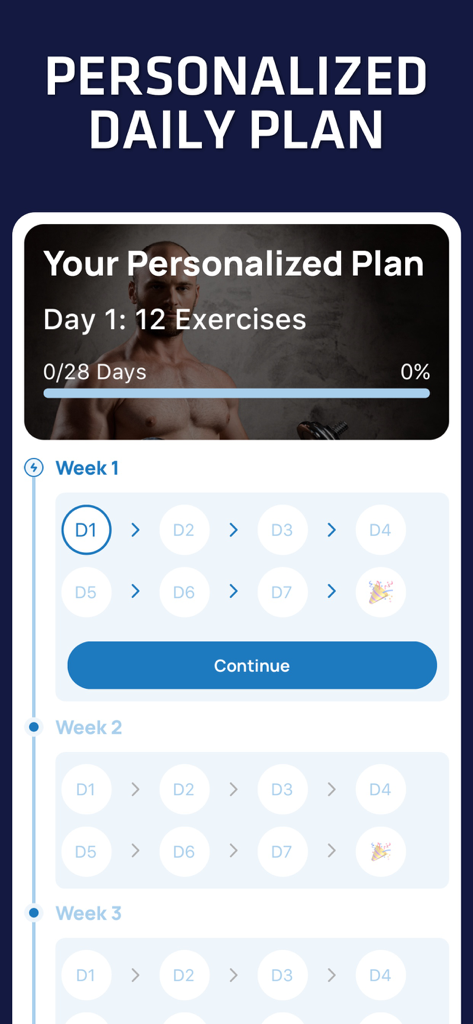 Home Workout No Equipment. - Interfaz de aplicación móvil que muestra un plan de entrenamiento personalizado de 28 días y un rastreador de progreso para el fitness en casa.
