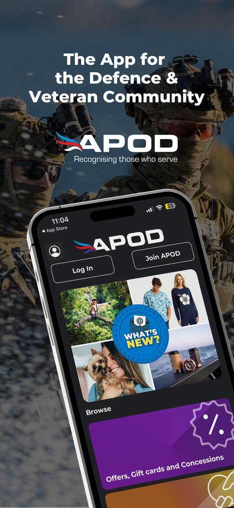 APOD - APODモバイルアプリのインターフェース、軍人および退役軍人コミュニティの特典用