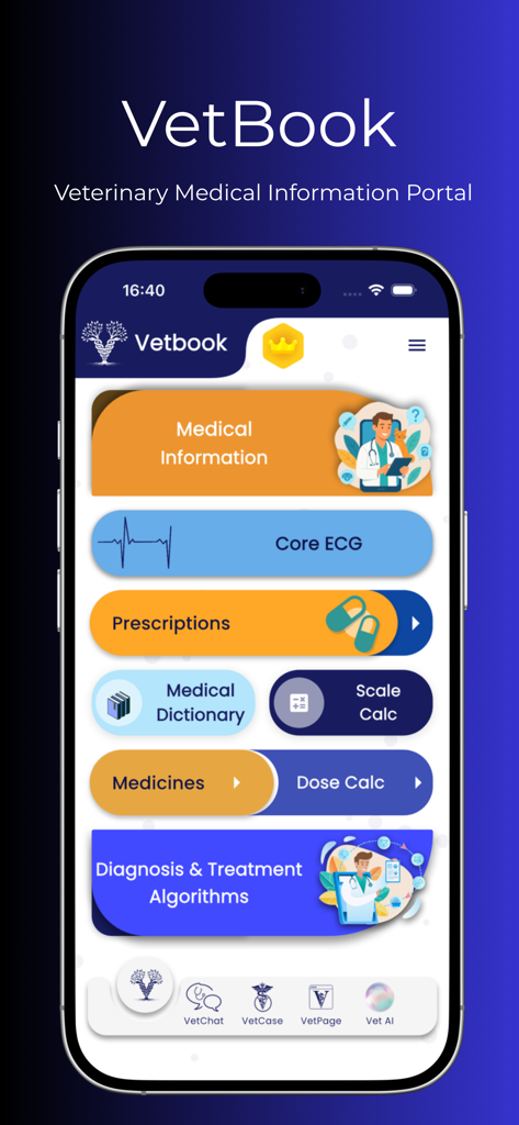 Vetbook mobile app dashboard featuring medical information tools dose calculator and diagnosis algorithms for veterinarians