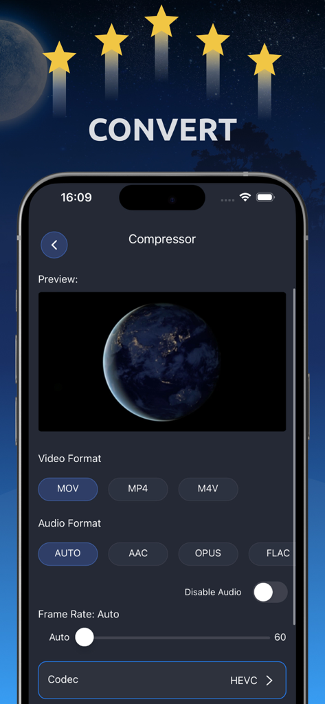 Video Compressor: 4K Compress - Interface de l'application Compresseur Vidéo montrant les options pour le type audio du format vidéo et le codec HEVC.
