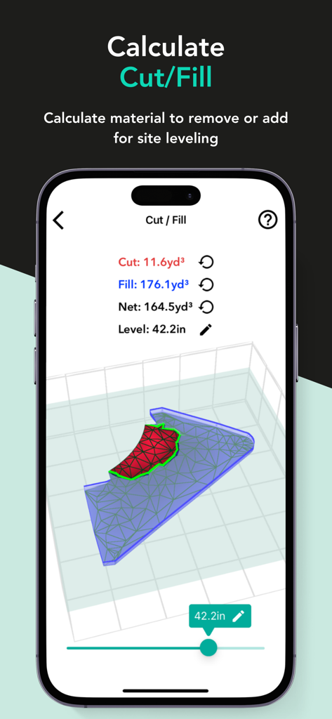 Moasure - Moasure app screen displaying cut and fill volume calculations for site leveling