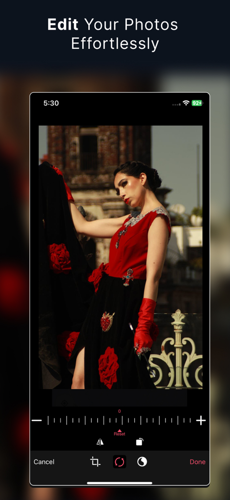 Mobile screen showing the photo editing interface of eZy Watermark app with crop and rotate tools