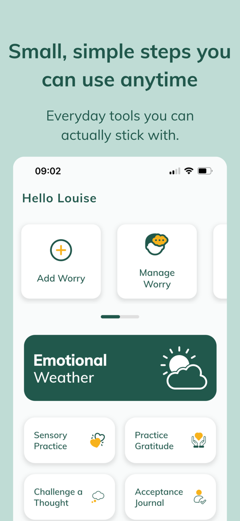 WorryTree: Anxiety Relief - A clean mobile app interface for WorryTree showing buttons to add worry, manage worry, and track emotional weather.