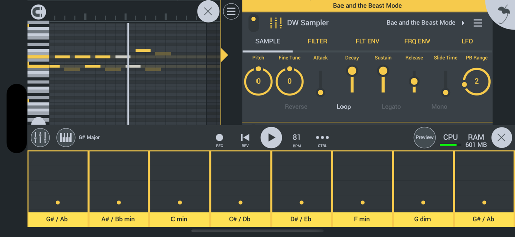 FL Studio Mobile - Interfaz de la aplicación FL Studio Mobile que muestra el editor de Piano Roll y la configuración de DW Sampler con pads