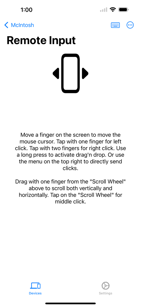 KDE Connect app screen showing Remote Input instructions for using the phone as a virtual touchpad and mouse