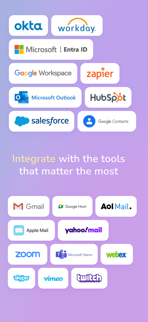 Une collection de logos montrant les intégrations de HiHello avec des outils professionnels comme Salesforce, Google Workspace, Zoom et Microsoft Teams.