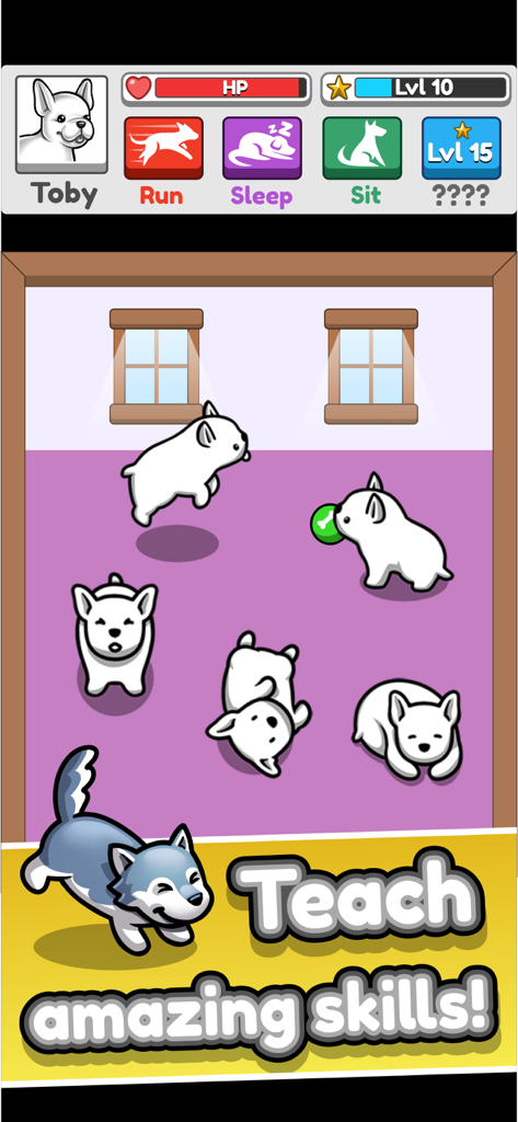 Pet Idle - Screenshot of Pet Idle showing multiple dogs in a room with a menu to teach skills like run, sleep, and sit.