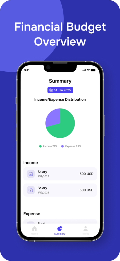 Personal Easy Budget Tracker - A financial budget summary dashboard showing an income and expense distribution pie chart and transaction records.
