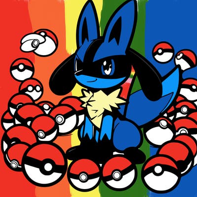 lucario with pokeballs around it
