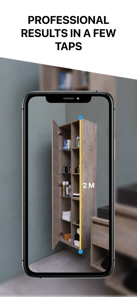 Measure Height With Camera App - Measure Height With Camera App displaying a 2 meter measurement of a wooden cabinet on a smartphone screen