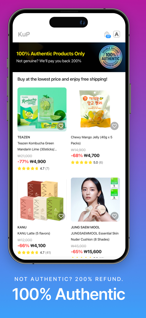 KuP – Shop & Deliver to Hotel - KuP mobile app interface showing authentic Korean skincare and snacks with discounted prices and a 200 percent refund guarantee.