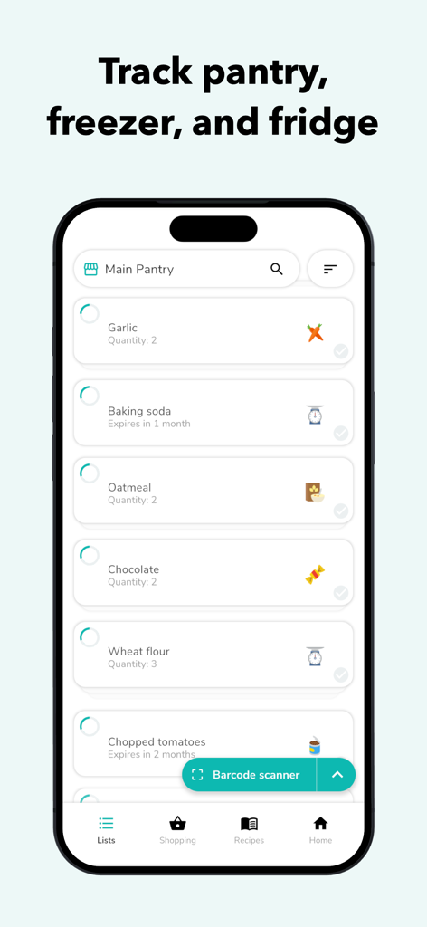 NoWaste: Food Inventory List - Smartphone screen showing the NoWaste app pantry inventory list with food items and quantities