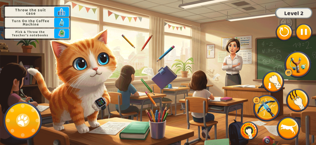 Kitty Punch : Cat Simulator - A cute orange tabby cat causing mischief in a school classroom with pencils and notebooks flying in the air