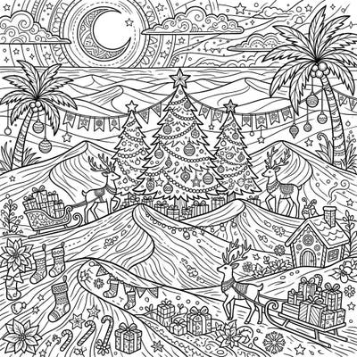 Discover a wonderfully unique holiday scene where the magic of Christmas meets the beauty of the desert. This intricate coloring page features festive sand dunes adorned with trees, gifts, and reindeer, perfect for seasonal relaxation.