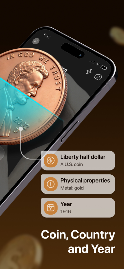 Coin Scanner & AI Identifier - Smartphone app scanning a coin to identify its name country and year