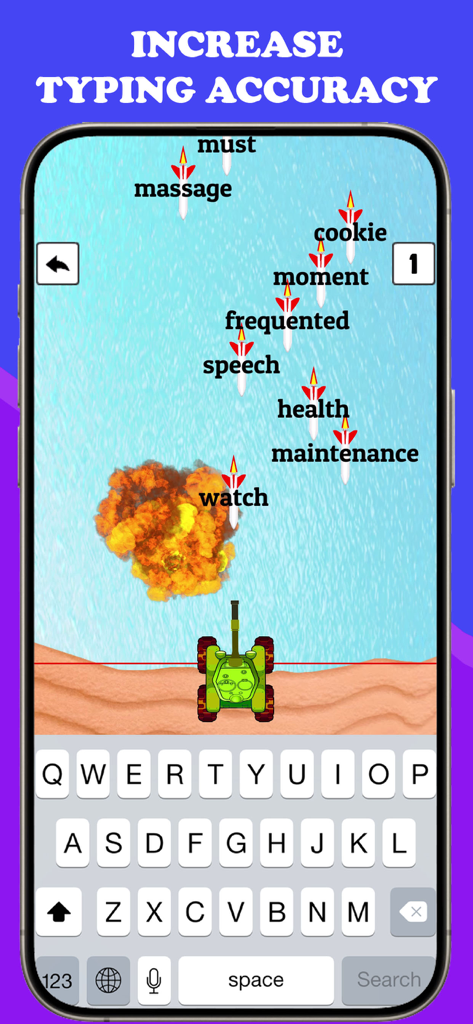 Type Blast: Fast Typer Club - Mobile gameplay of Type Blast showing a tank shooting word missiles to practice typing accuracy.