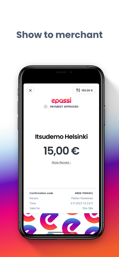 Epassi - Epassi app displaying a payment confirmation screen for a 15 Euro lunch benefit transaction.