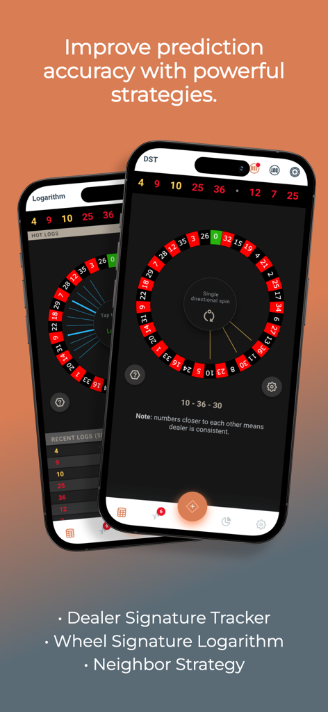 Roulette Kicker PRO - 予測戦略とディーラーシグネチャートラッキング用のルーレットキッカーPROアプリインターフェイスを表示する2台のiPhone