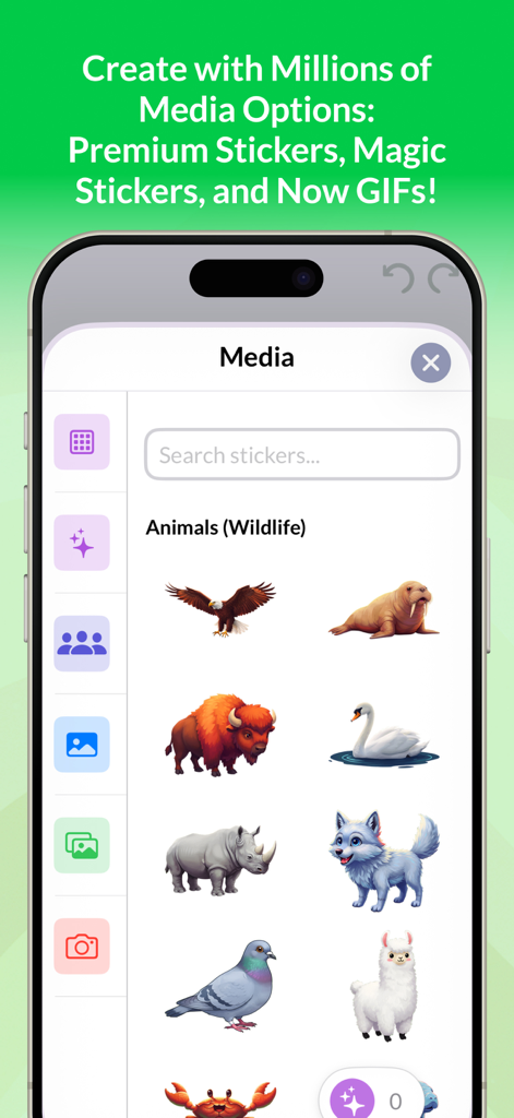 My Story Kids' Storybook Maker - Animal stickers and media selection screen in the My Story Kids Storybook Maker app.