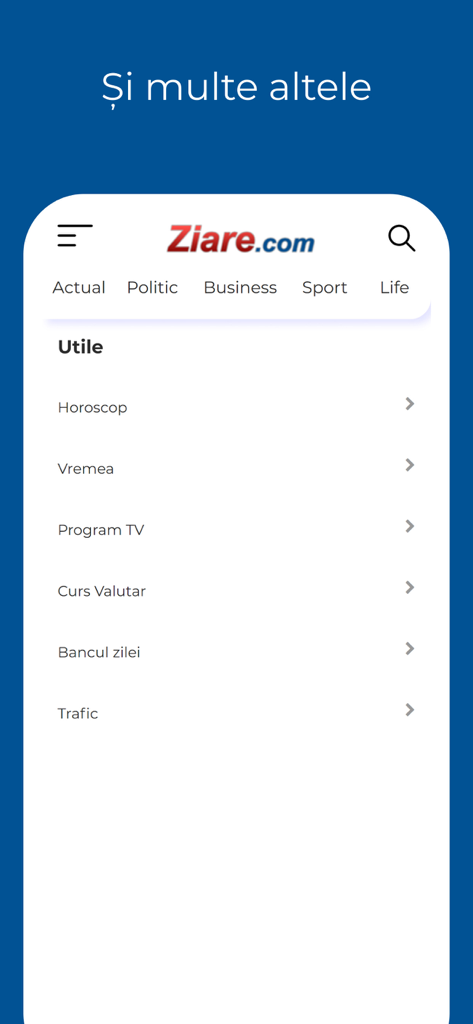 Ziare.com 앱 인터페이스에 운세, 날씨, 환율과 같은 유용한 기능이 표시됩니다.