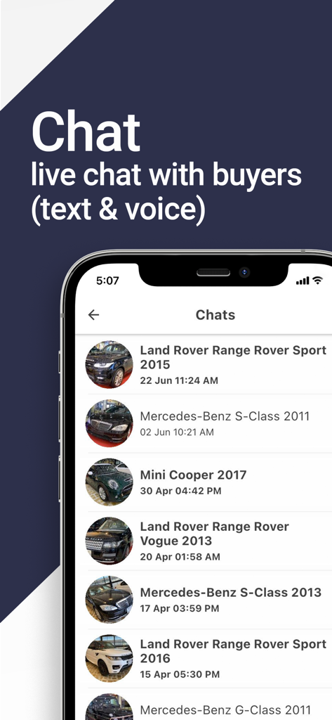 Interface do aplicativo iQ Plus mostrando chat ao vivo com compradores de carros