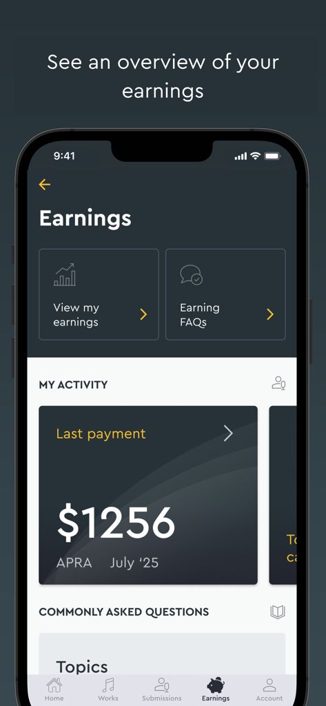 Earnings screen of the APRA AMCOS app showing royalty payment summary and last payment details