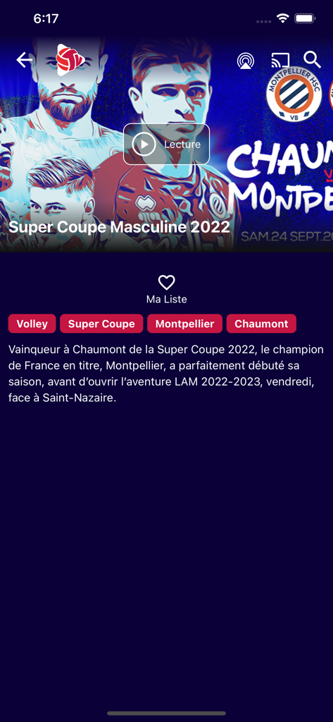 Interfaz de la aplicación LNVtv mostrando una repetición del partido de la Supercopa Francesa de Voleibol Masculino de 2022