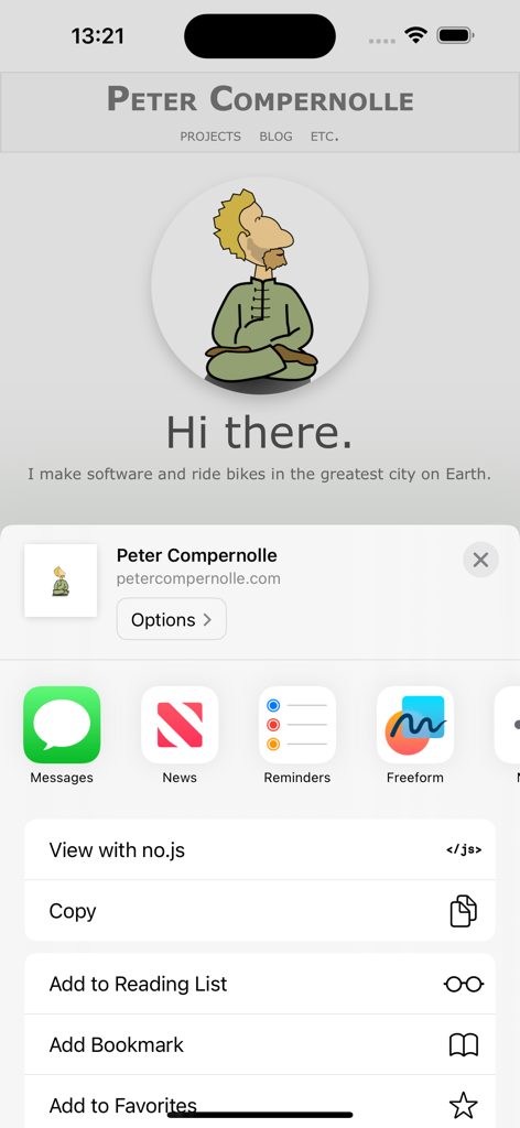 iPhone share sheet showing the View with no.js extension option