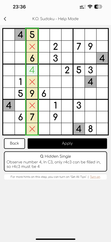 K.O. Sudoku Pro - KO Sudoku Pro help mode screen explaining a hidden single logic step