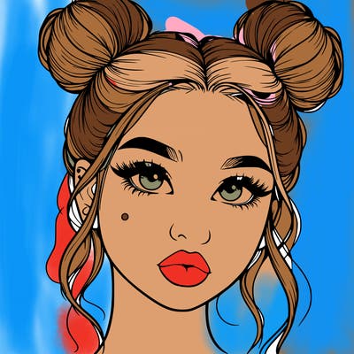 realistic girl with two buns on her hair and lips