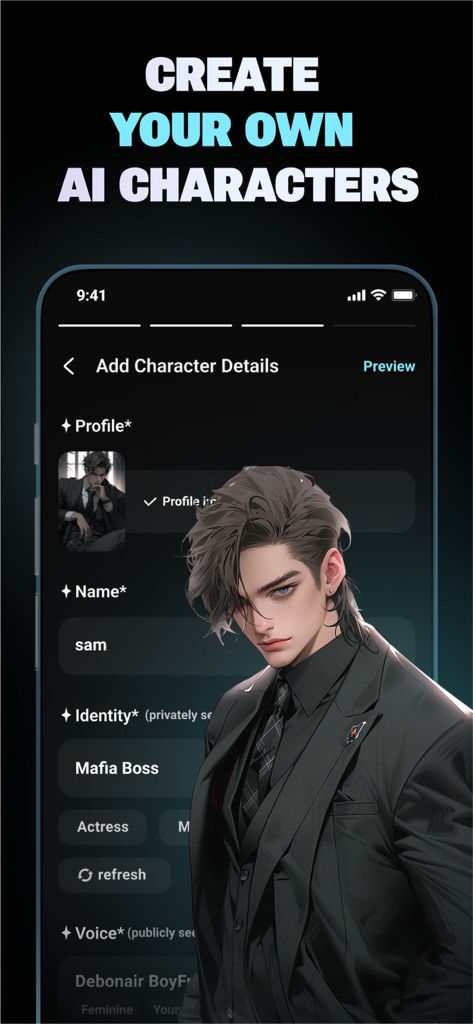 Flipped:Chat with AI Character - A mobile interface for creating a custom AI character named Sam with a Mafia Boss identity in the Flipped app