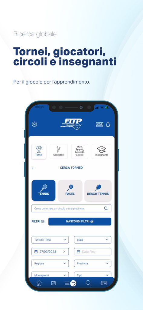 MyFITP - Schermata mobile dell'app MyFITP che mostra i filtri di ricerca per tornei di tennis e padel, giocatori e club