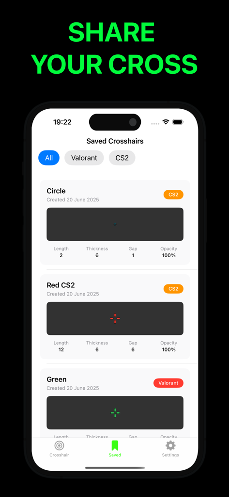 Custom Crosshair - Aimzone - Interface of the Aimzone app showing a list of saved custom crosshairs for FPS games like Valorant and CS2.