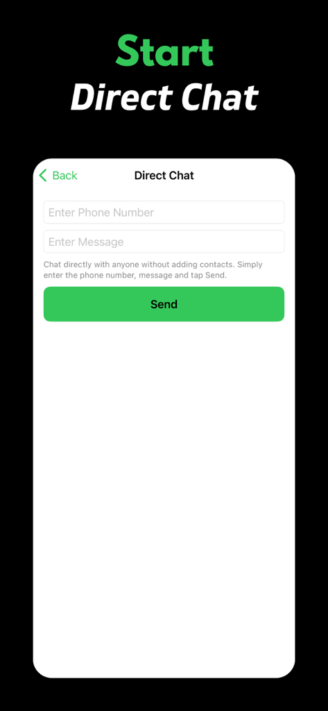 Interfaz de la aplicación Messenger para WhatsApp Duo que muestra la pantalla de chat directo donde los usuarios pueden enviar mensajes a números de teléfono sin guardarlos como contactos.
