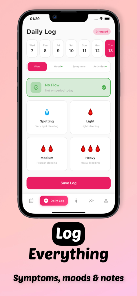 Elyra - Period & Pregnancy - Elyra 앱의 일일 기록 화면으로 월경 흐름 및 건강 증상을 추적하는 데 사용됨