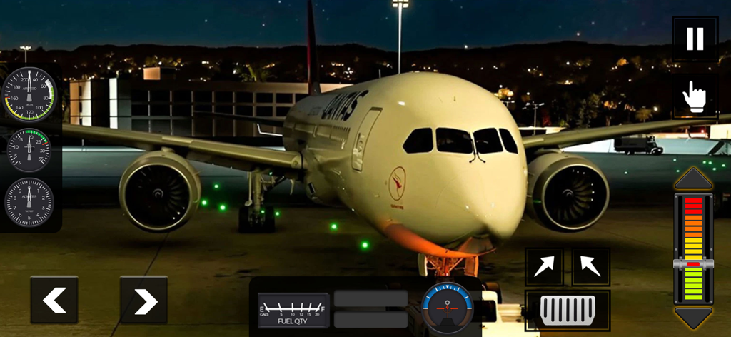 Flight Pro Plane Simulator 3d - Avión comercial estacionado en una pista por la noche con controles de simulador de vuelo móvil