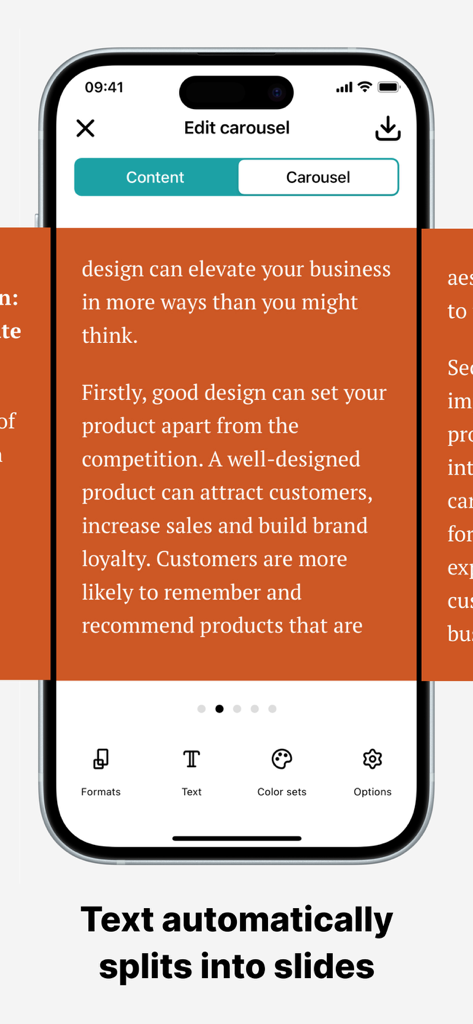Tela do iPhone mostrando a interface do aplicativo CRSL onde o texto é dividido automaticamente em slides de carrossel para o Instagram