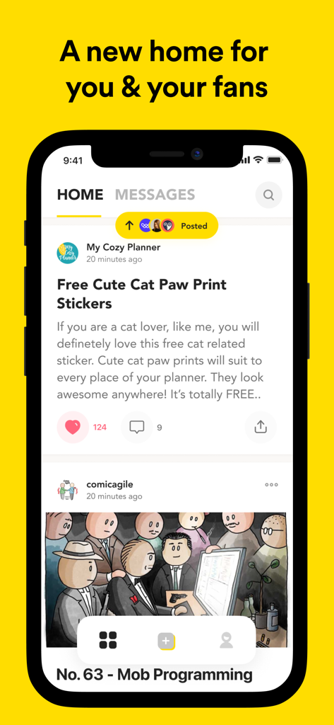 Buy Me a Coffeeモバイルアプリのインターフェース。投稿やインタラクションオプションのあるクリエイターフィードが表示されています。